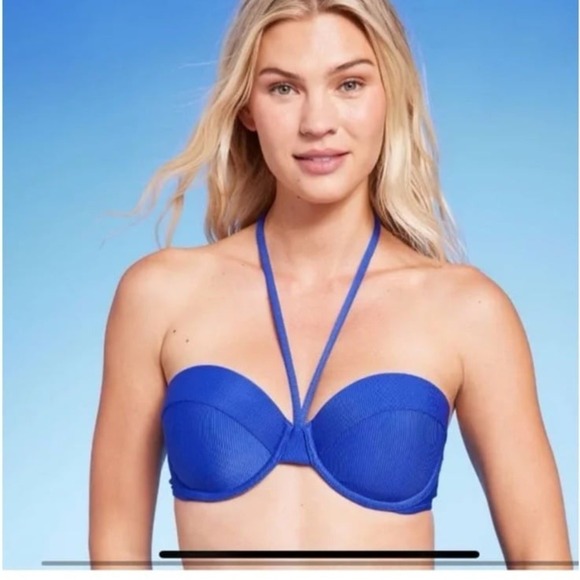 Shade & Shore Women's 34C Bikini Top Blue Lightly Lined Ribbed Halter New - Picture 1 of 10
